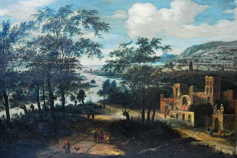 Paesaggio fluviale con figure su un sentiero vicino a un rudere